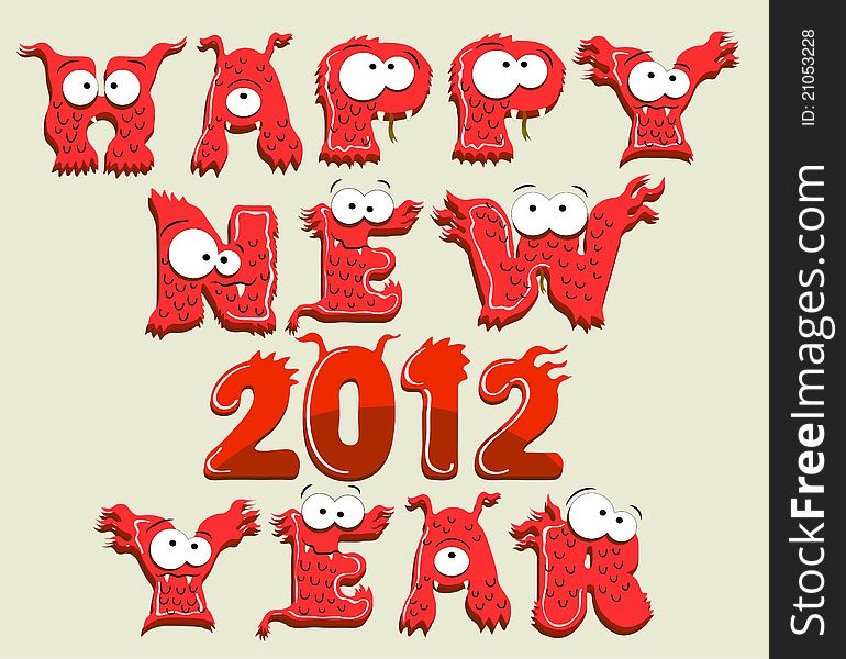 Happy new year illustration with cartoon monster letters