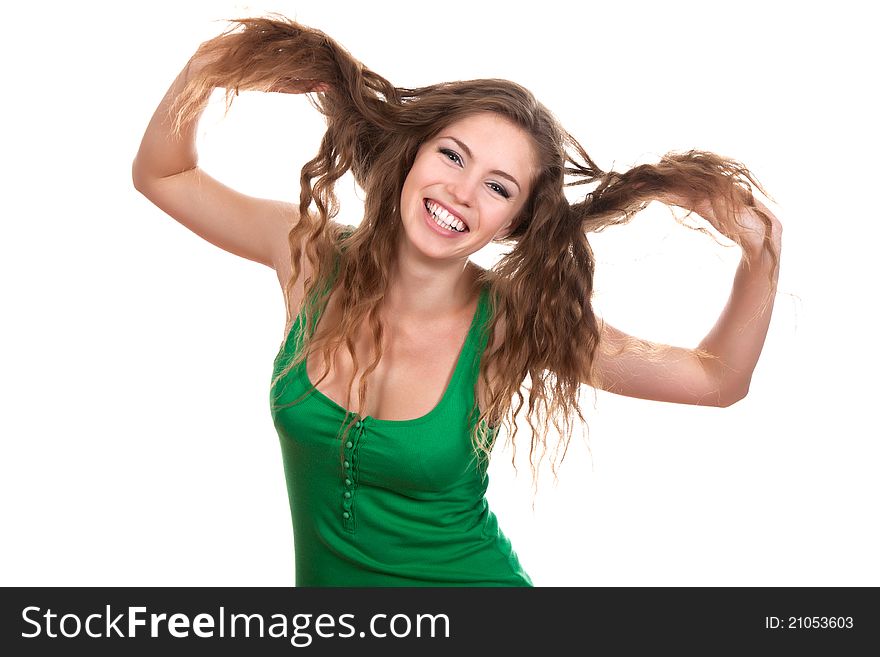 Smile teenage girl, hold her hair by hands, happy student