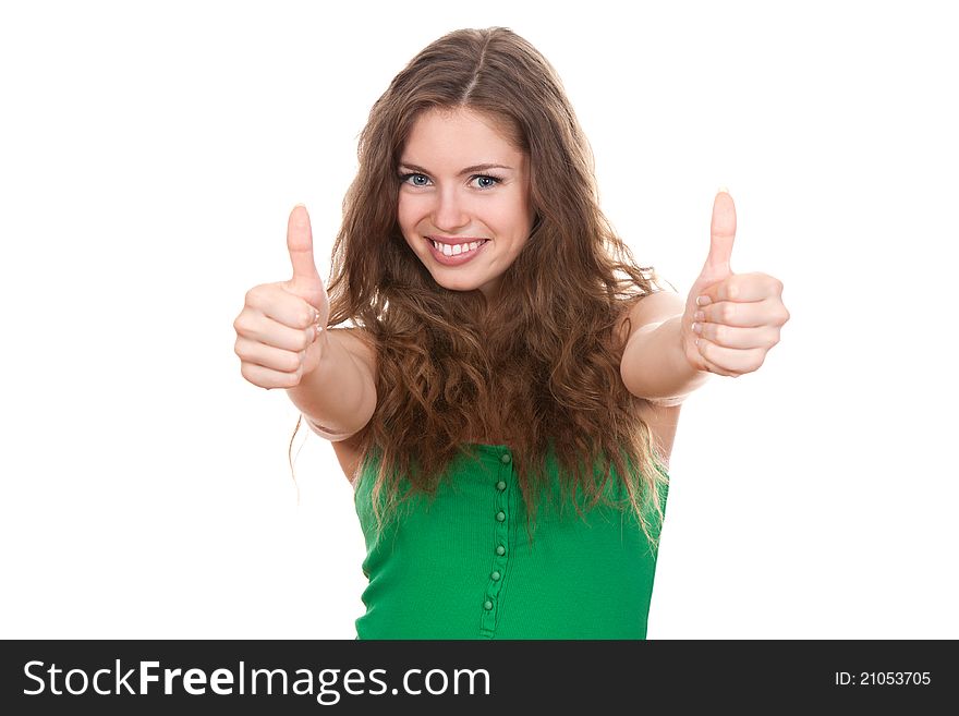Teenage girl show thumbs up gesture, smile with white teeth