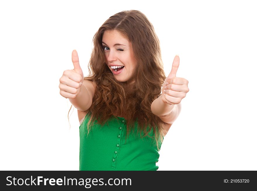 Teenage girl show thumbs up gesture, smile with white teeth