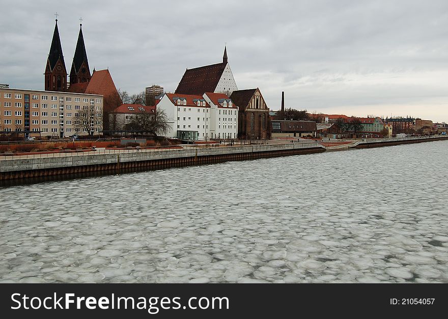 Winter river in historic town - Germany