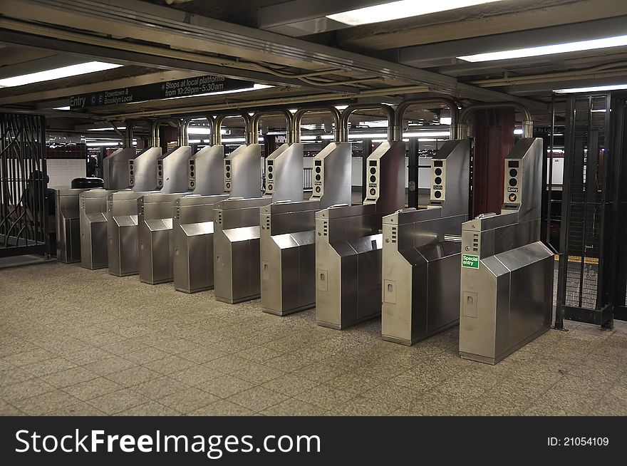 Many turnstile in Manhattan subway station. Many turnstile in Manhattan subway station