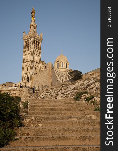 Tower and Steps Leading up to Baslique Notre Dame de la Garde Church, Marseilles; France, Europe