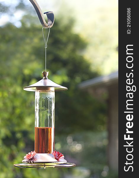 A hummingbird feeder outside a home in Dunwoody, GA.