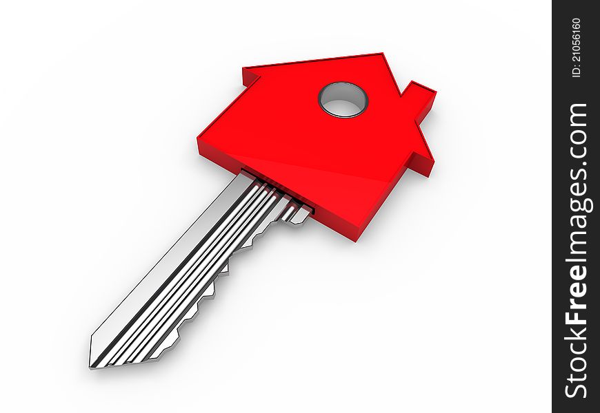 3d red house key on white background. 3d red house key on white background