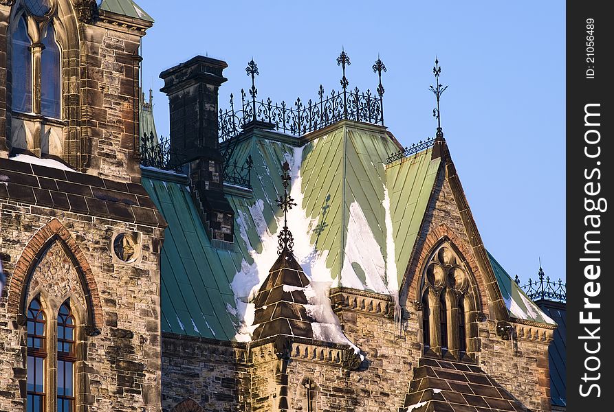 Parliament of Canada. A closeup view of the East Block gothic architecture. Parliament of Canada. A closeup view of the East Block gothic architecture.