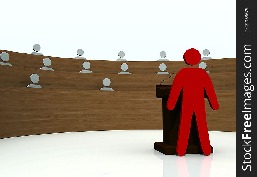 A 3D rendered image of a presentation with the presenter and his audience.