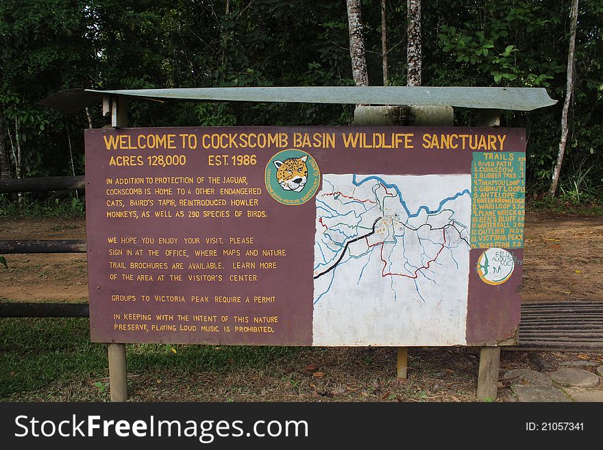 Welcome sign at the Cockscomb Basin Wildlife Sanctuary in Maya Center, Belize.