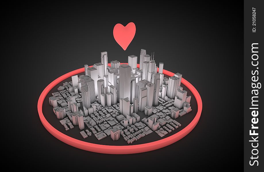 Render of a city with a floating heart. Render of a city with a floating heart