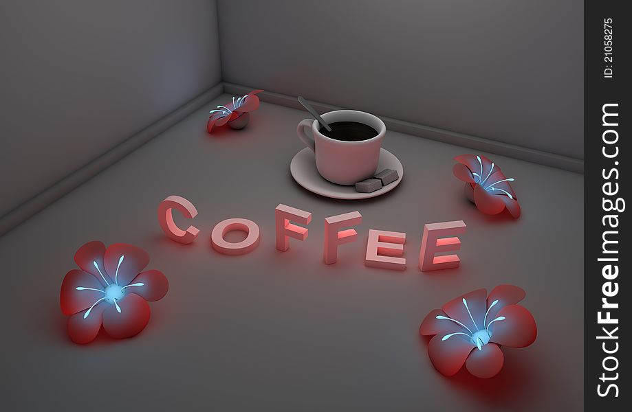 Render of a room with flowers and coffee, relaxation concept. Render of a room with flowers and coffee, relaxation concept.