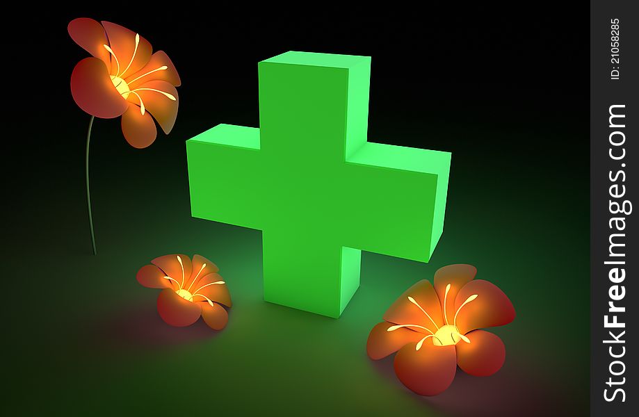 Render of a medical cross surrounded by flower. Render of a medical cross surrounded by flower.