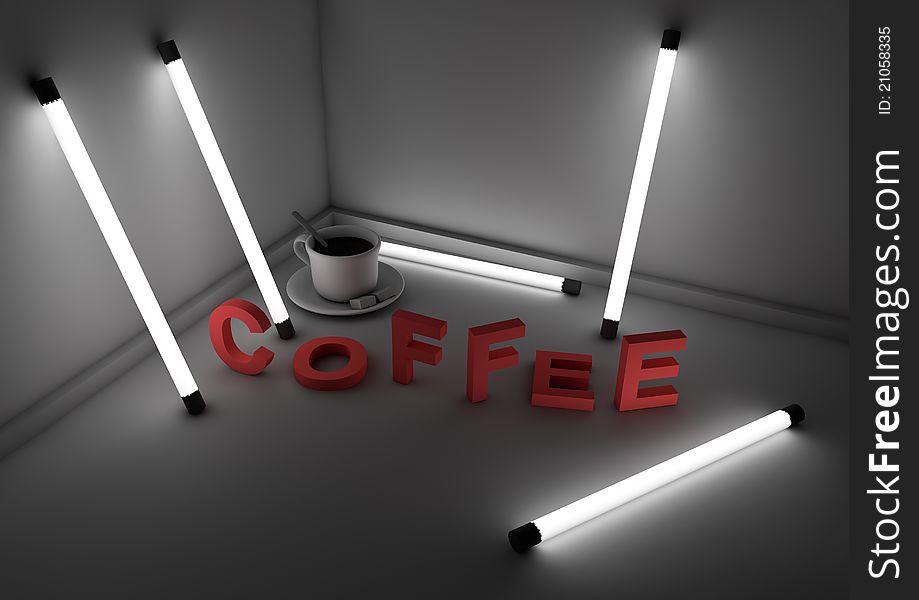 Render of a cup of coffee and text in a room. Render of a cup of coffee and text in a room