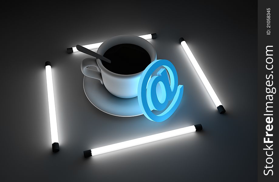Render of a glowing at sign and a coffee cup. Render of a glowing at sign and a coffee cup