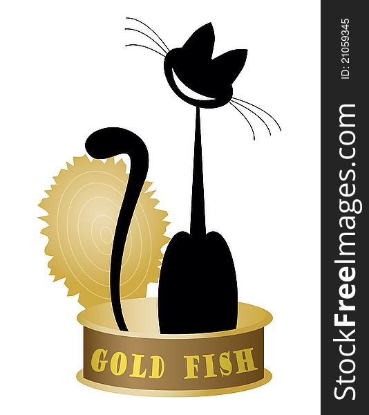 Cat on gold of canned tuna fish on a white background. Cat on gold of canned tuna fish on a white background