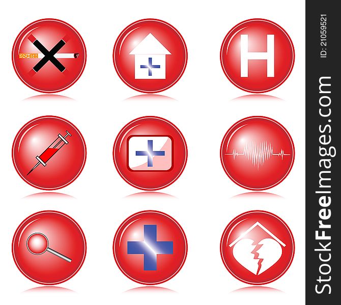 Set of medical icons executed in red on a white background