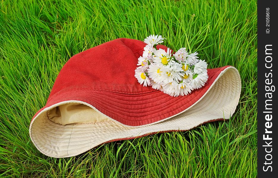 Daisy bouquet on red hat