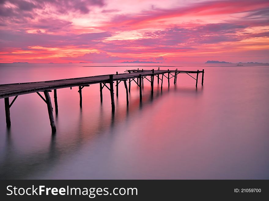 Nice seascape of ocean bridge at twilight time.