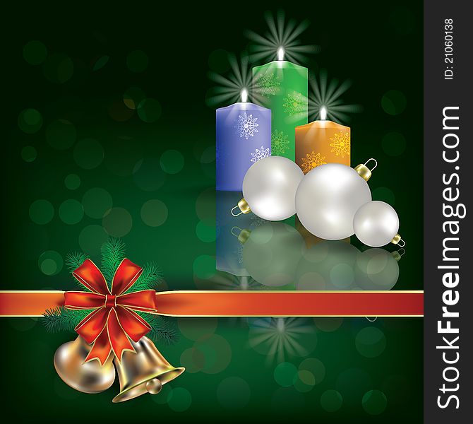 Abstract Christmas green greeting with candles and gift ribbons