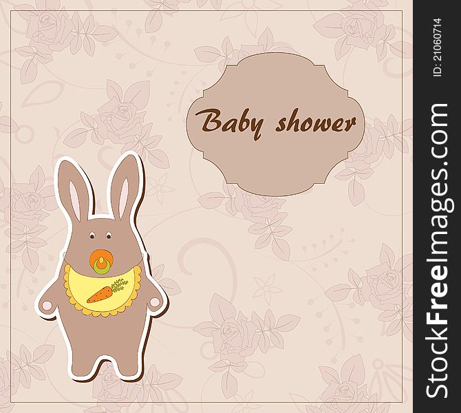 Baby shower card. Cute bunny on floral background with text