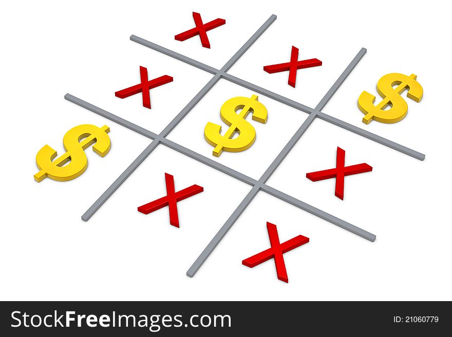 The popular tic tac toe game with the dollar symbol winning (3d render)