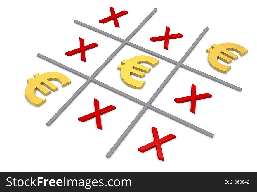 The popular tic tac toe game with the euro symbol winning (3d render)