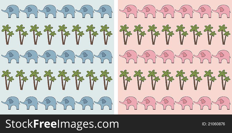 Seamless baby background. Pink and blue elephants and palm trees