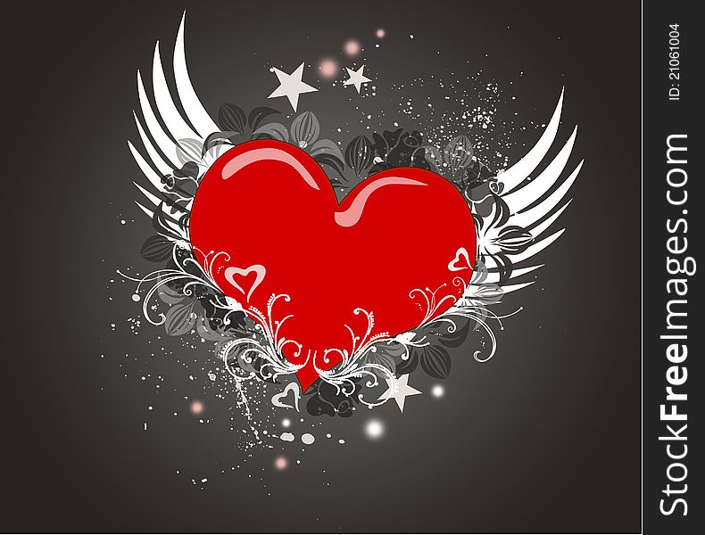 Red and hearts with floral elements on the sunburst background. Red and hearts with floral elements on the sunburst background