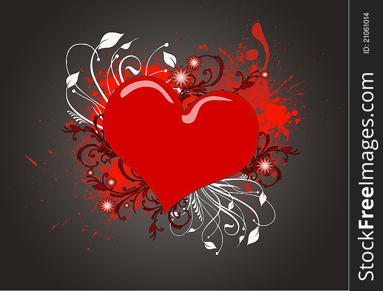 Red and hearts with floral elements on the grunge background. Red and hearts with floral elements on the grunge background
