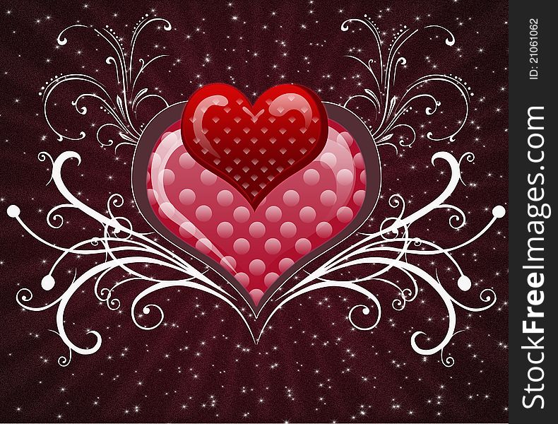 Red and hearts with floral elements on the sparkling background. Red and hearts with floral elements on the sparkling background