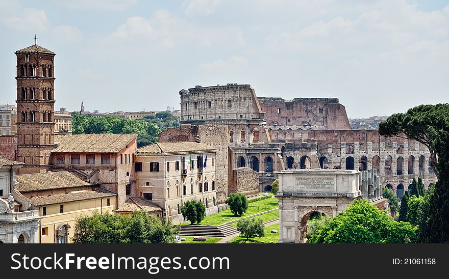 Antique edifices and Colosseum in the ancient part of Rome