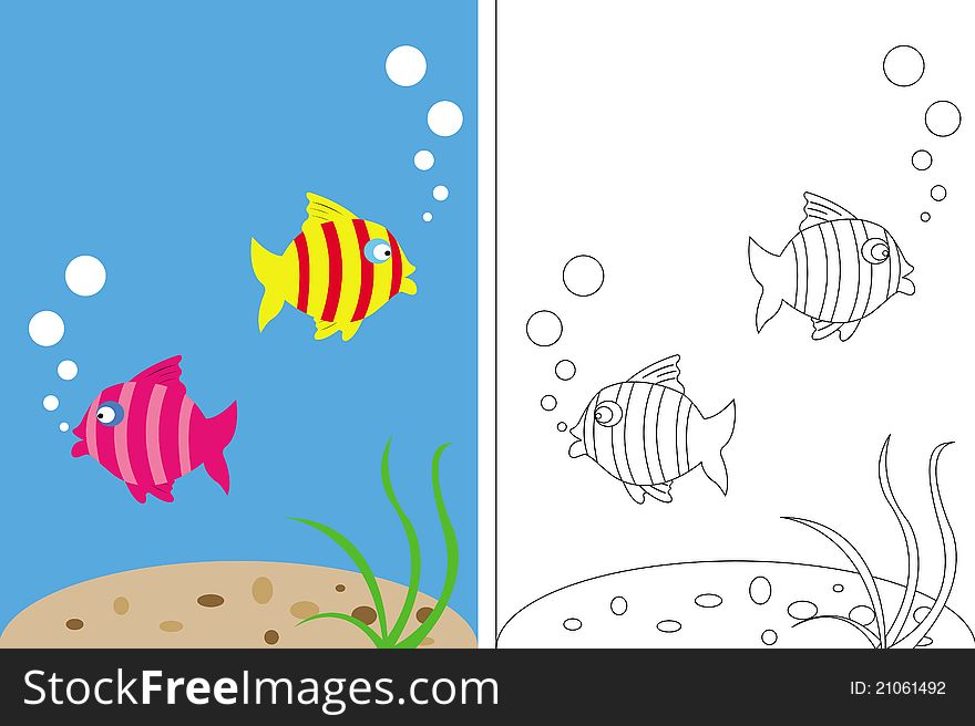 This image represents a funny coloring page book for children with fish underwater. This image represents a funny coloring page book for children with fish underwater.