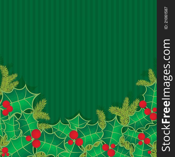 Christmas Background With Holly Berry Leaves