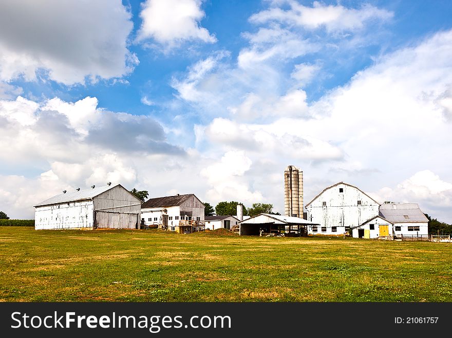 Farm house with field and silo in beautiful landscape