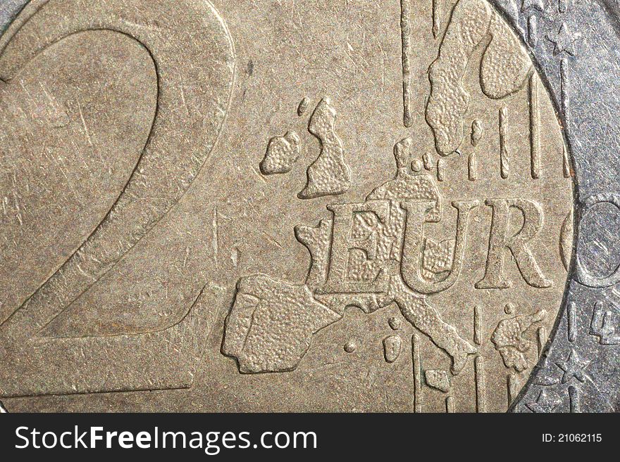 Two Euro coin. Macro bas-relief