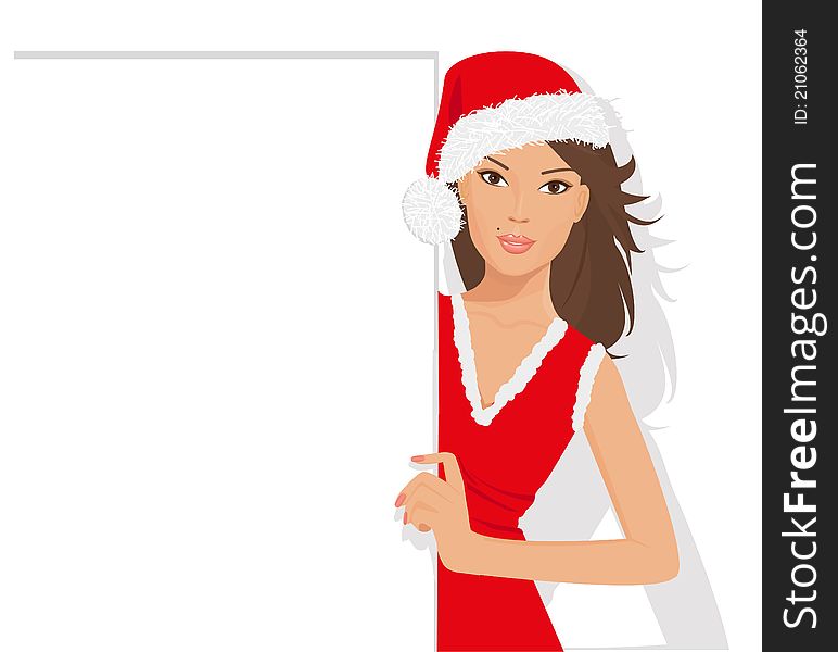 Beautiful santa girl in red dress and christmas hat holding a sign for your information and design