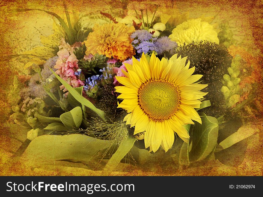 Arrangement of mixed flowers in retro style