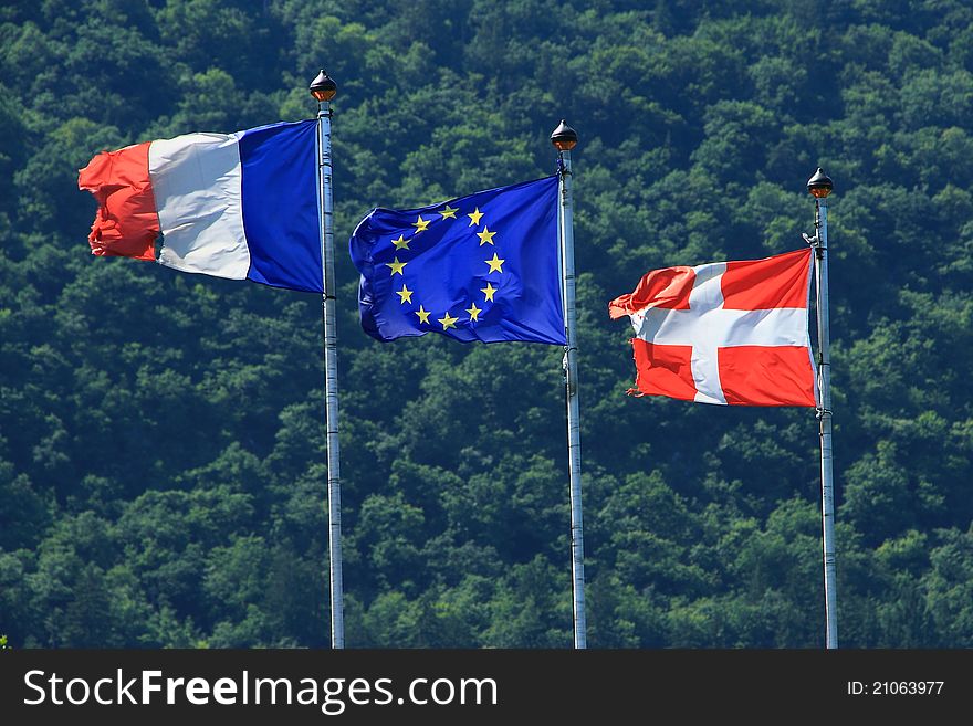 France European Union Savoy flags fluttering in the wind. France European Union Savoy flags fluttering in the wind