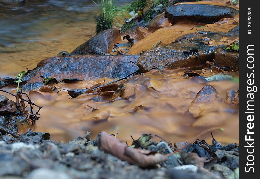 Confluenece of two different coloured brooks.