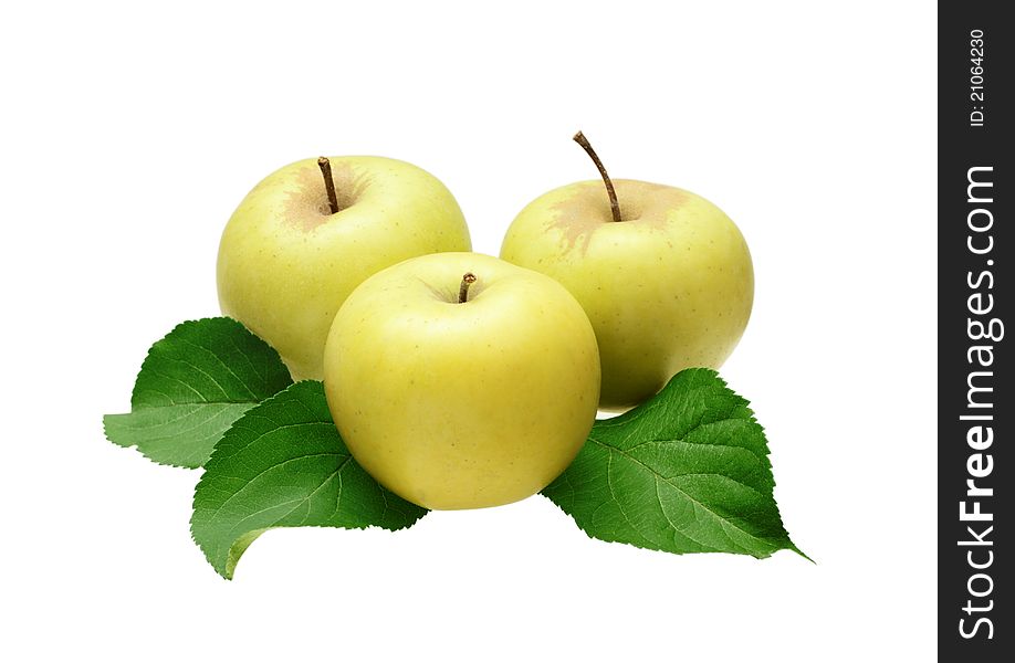 Three apples with leaves, isolated on white