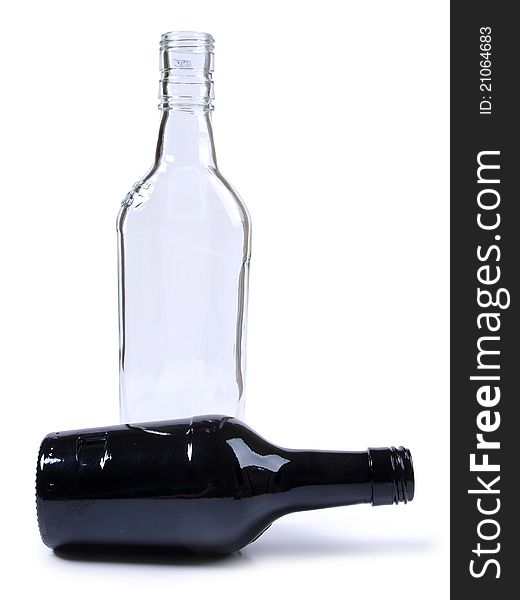 Color photo of a glass bottle with a white background. Color photo of a glass bottle with a white background