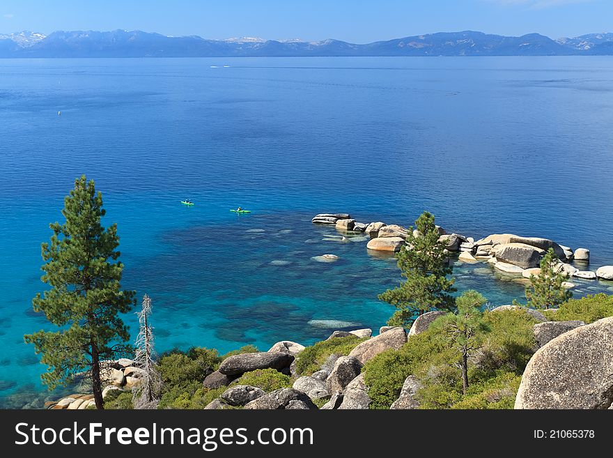 Beautiful Lake Tahoe overview with kayakers