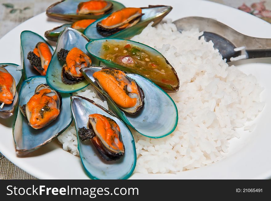 Mussels with white rice on the container. Mussels with white rice on the container.