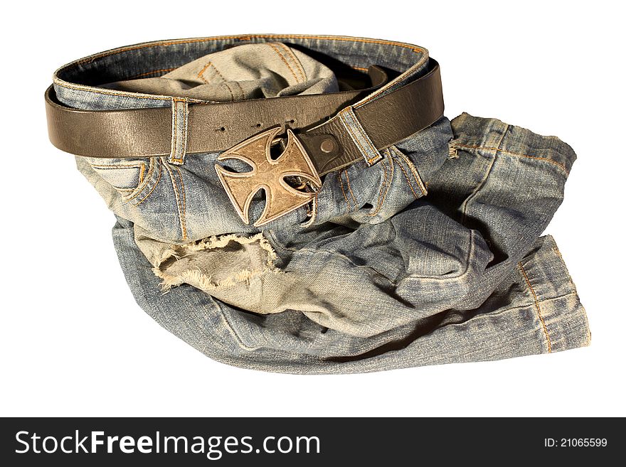 Blue jeans with old black leather strap and buckle the old bronz