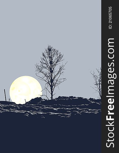 Tree and moon, illustration in blue and white