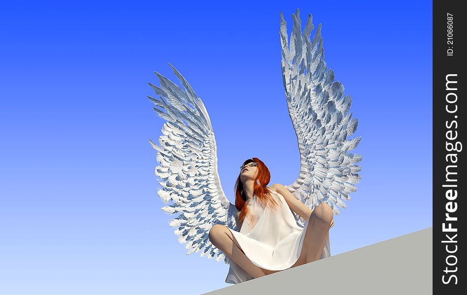 The girl with wings on a blue background. The girl with wings on a blue background.