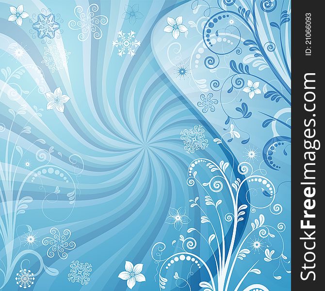 Gentle vector blue christmas frame with rays, snowflakes and flowers