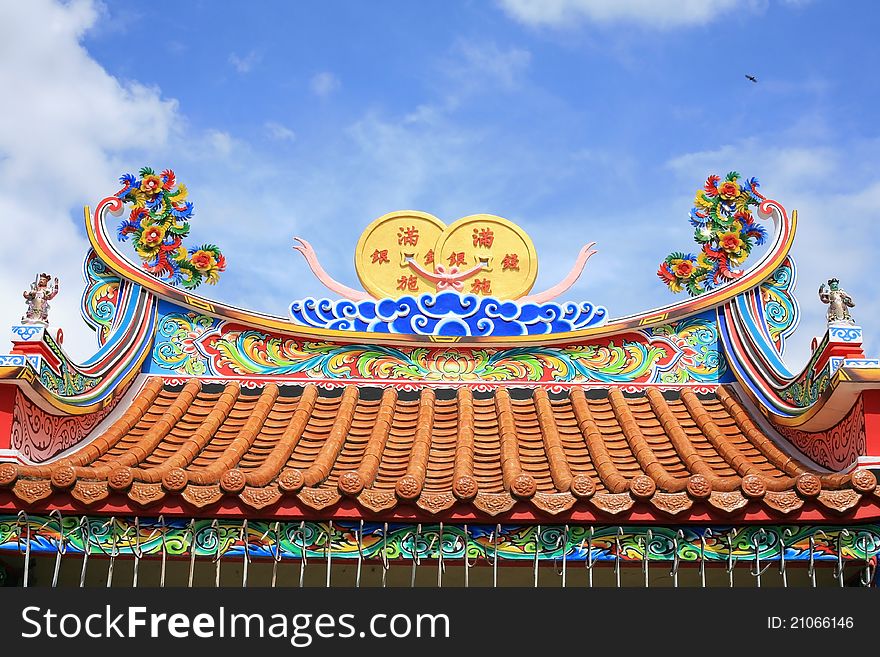 Colorful Chinese Temple Roof with clear sky in Nakorn Ratchasima Province, Thailand