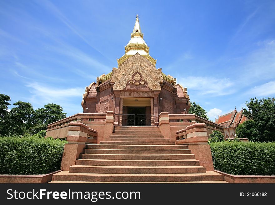 Architecture Landscape of Beautiful Brown Temple which has gold pagoda on the top at Wat Pa Salawan in Nakhon Ratchasima province, Thailand. Architecture Landscape of Beautiful Brown Temple which has gold pagoda on the top at Wat Pa Salawan in Nakhon Ratchasima province, Thailand