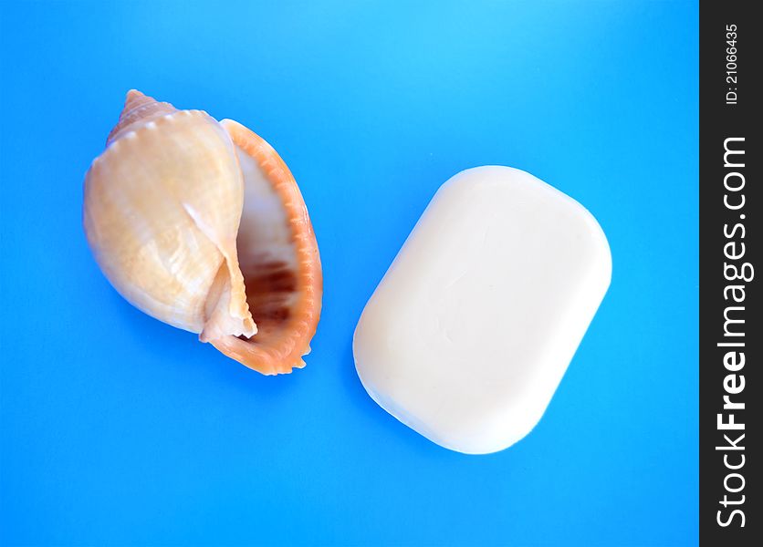 Beautiful piece of white soap on a blue background