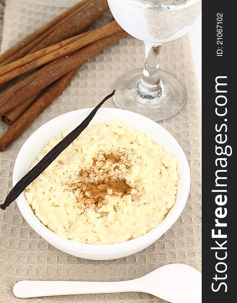 Creamy rice pudding on a bowl
